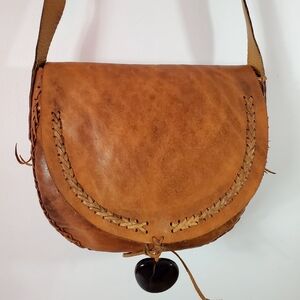 Vintage 70s Leather Tooled Crossbody Bag  Distressed Handmade